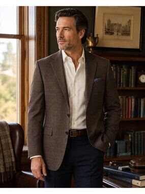 NWOT Jos A Bank 1905 Tailored Fit Brown Blue Plaid Wool Sport Coat Blazer 48R